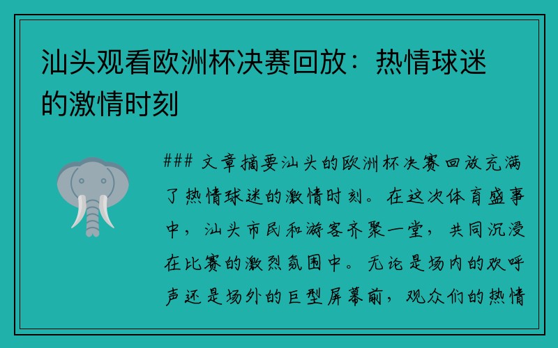 汕头观看欧洲杯决赛回放：热情球迷的激情时刻