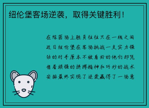 纽伦堡客场逆袭，取得关键胜利！